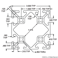 3 X 3 LITE SMOOTH T-SLOTTED EXTRUSION